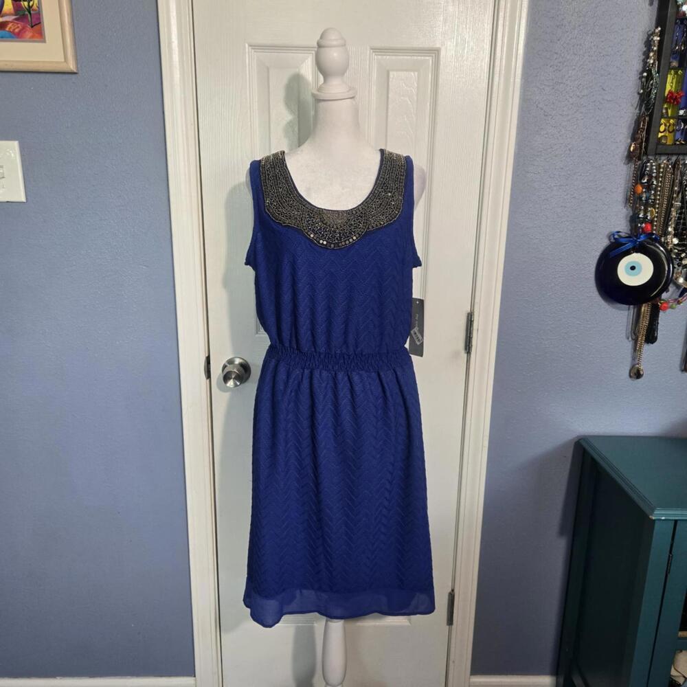 NWT NY Collection Women M Blue Sleeveless Midi Dress with Embellished Neckline
